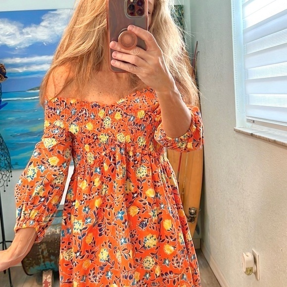 True Destiny, Smocked, Off-Shoulder Cotton Floral Dress Orange Boho,Size M - Picture 7 of 11